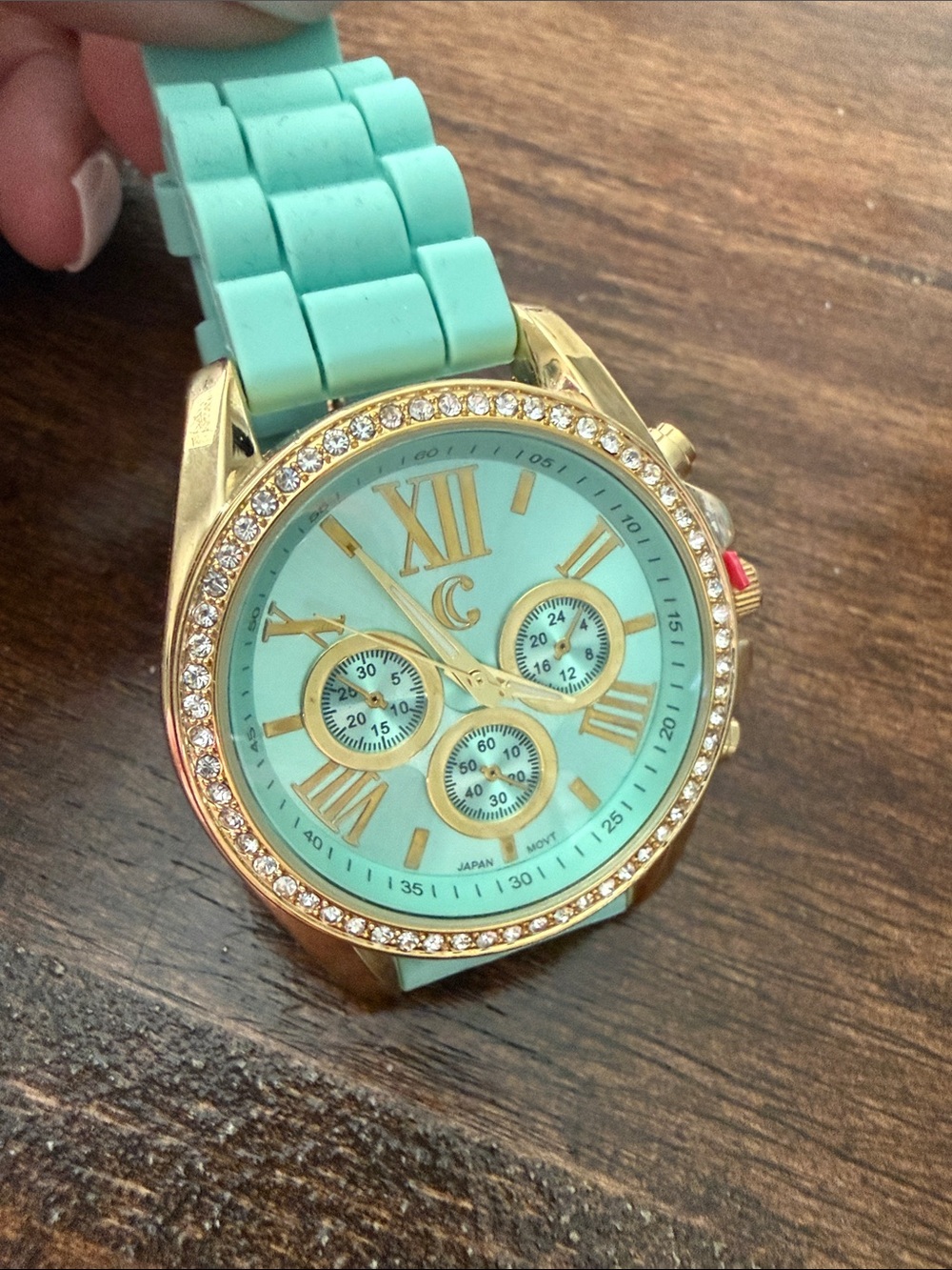 Mint Green Silicone Strap Watch with Gold-Tone Crystal Bezel